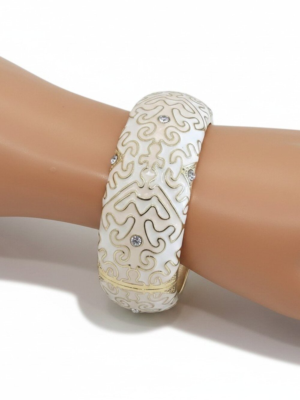 Gorgeous Gold Plated White Beige Enamel Crystal Hinged Bangle Bracelet NWOT
